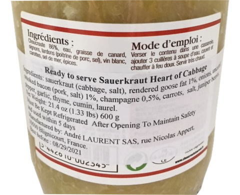 Andre Laurent Sauerkraut Cooked/ Choucroute francaise in Glass Jar