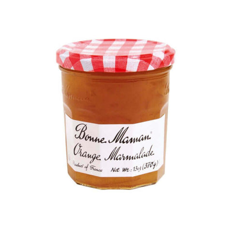 Glass jar of Orange Marmalade from the Bonne Maman brand, seen from the front.