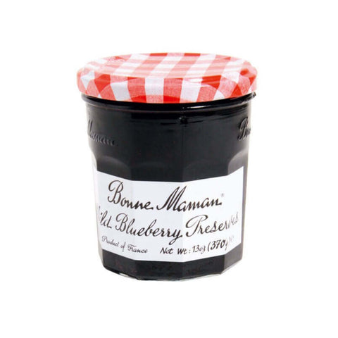 Glass jar of Wild Blueberry 13oz from the Bonne Maman brand, seen from the front.