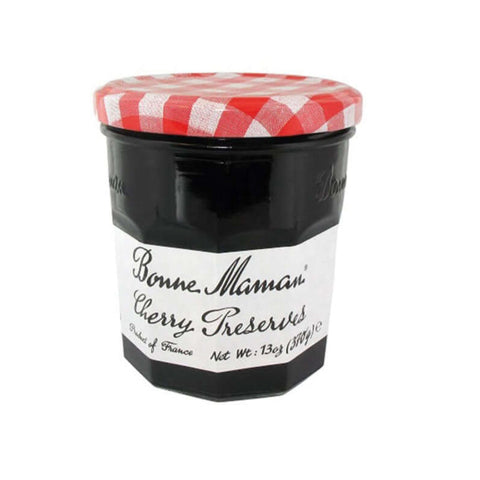 Glass jar of Cherry 13oz from the Bonne Maman brand, front view.