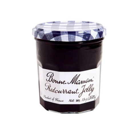Glass jar of Red Currant Jelly from the Bonne Maman brand, front view.