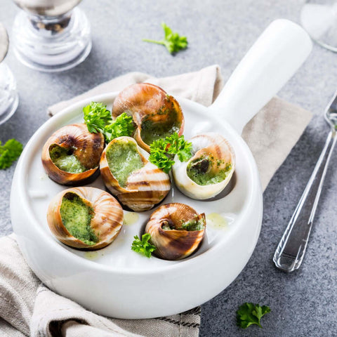 Assortments of 6 Escargots in Parsley-Garlic Butter arranged in a plate made for, with some leaves of coriander, seen from above.