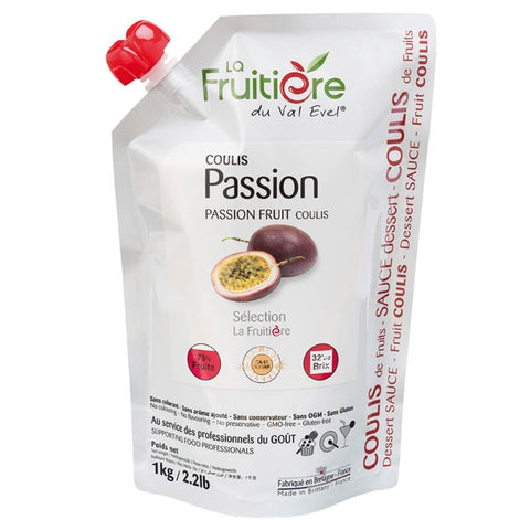 Passion Fruit Coulis in its packaging, from La Fruiti??re du Val Evel, front view.
