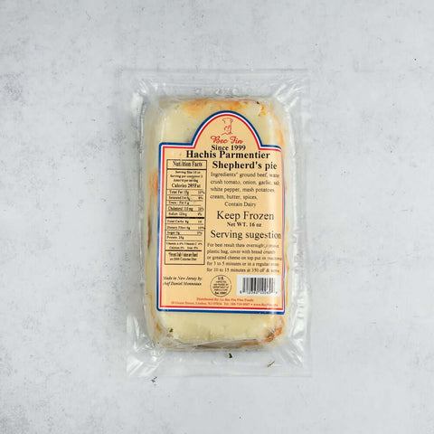 Hachis Parmentier (Beef Shepherd's Pie) wrapped in its plastic from Bec Fin brand, seen from above.