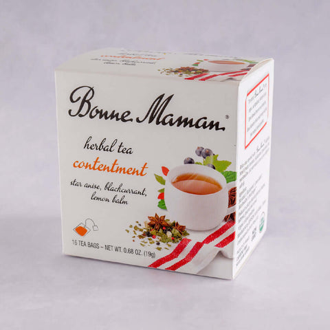 A box of Contentement Herbal Tea Bags (Star anise, blackcurrent, lemon balm) from the brand Bonne Maman, front view.
