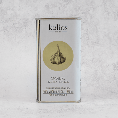 Freshly Infused Garlic Olive Oil from Kalios, in its metal can, front view. 
