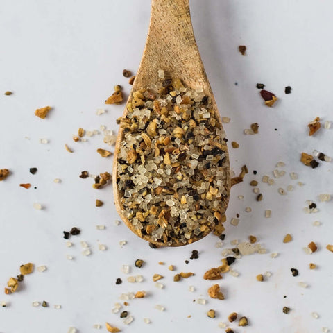 Wooden spoon containing Trapper Mix, seen from above.