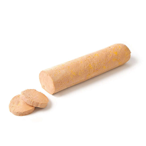 Duck Foie Gras Torchon sliced, side view.