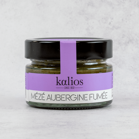 Smoked Eggplant Meze from Kalios, in a glass jar, front view.