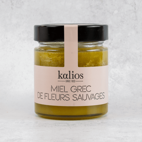 Honey - Wild Flowers of the Kalios brand in its glass jar, front view.