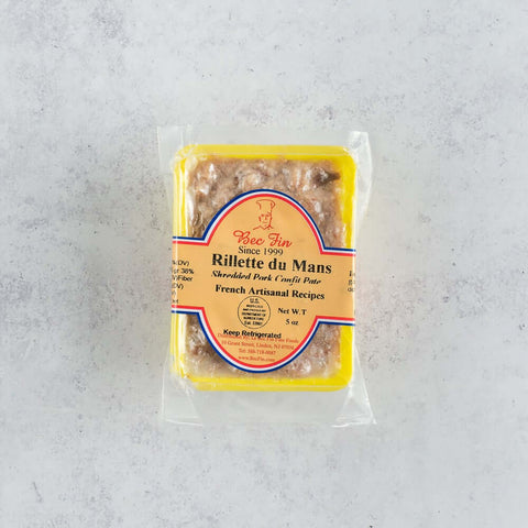 Rillettes du Mans wrapped in its plastic from Le Bec Fin brand, seen from above.