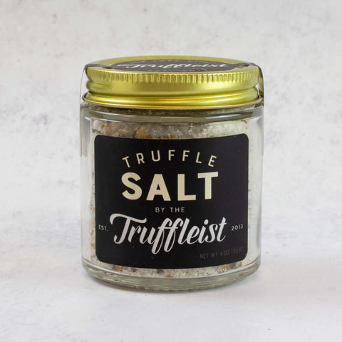 Truffle Salt from Truffleist brand, in a glass jar, front view. 