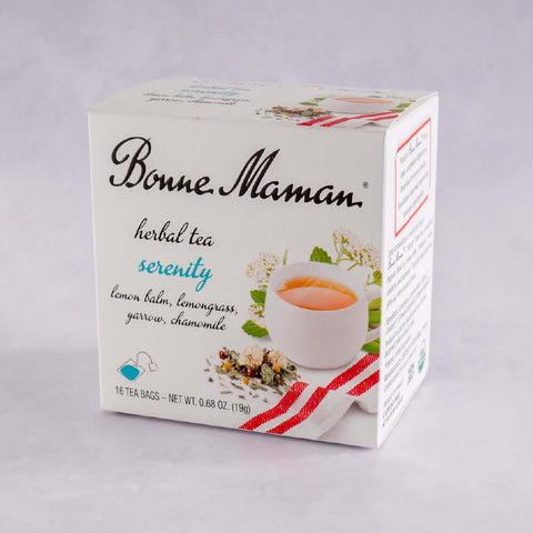 A box of Serenity Herbal Tea Bags (Lemon balm, lemongrass, yarrow, chamomile) from the brand Bonne Maman, front view.