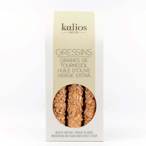 Sunflower Seeds Breadsticks of the Kalios brand, stored in their cardboard boxes, front view.