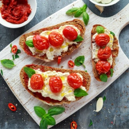 Ricotta and Roasted Tomato Bruschetta with Pancetta
