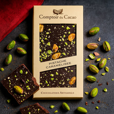 Comptoir du Cacao Dark chocolate bar w/ caramelized pistachios