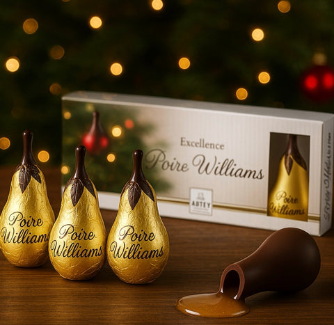 5 pear-shaped dark chocolates filled w/ Poire Williams liqueur Abtey
