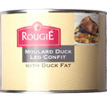 Can of Rougié Moulard Duck Leg Confit with duck fat on a white background