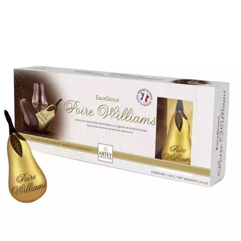 5 pear-shaped dark chocolates filled w/ Poire Williams liqueur Abtey