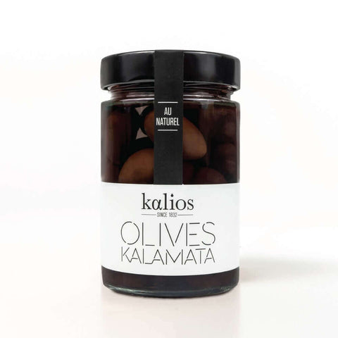 Glass jar containing Greek Kalamata Olives Natural from Kalios, front view. 