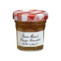 Glass jar of Orange Marmalade Preserves from the Bonne Maman brand, seen from the front.