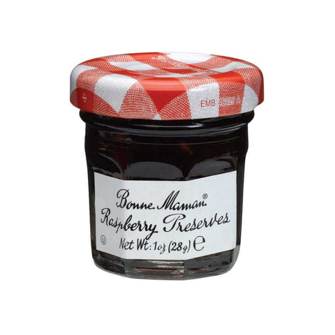 Glass jar of Raspberry Preserves from the Bonne Maman brand, seen from the front.