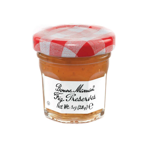 Glass jar of Fig Preserves from the Bonne Maman brand, seen from the front.