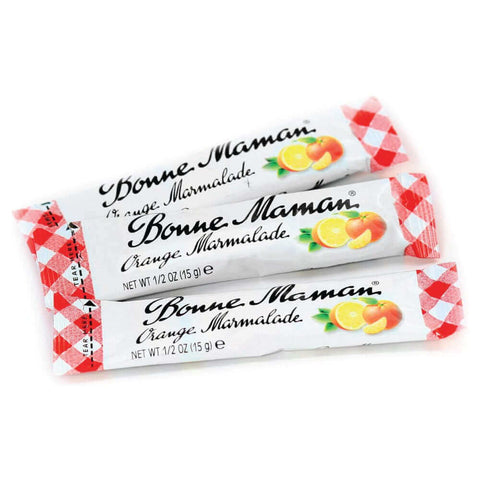 3 Orange Marmalade Packets from Bonne Maman, front view.