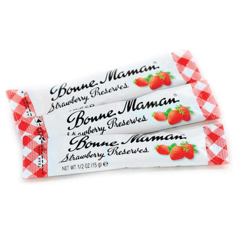 3 Strawberry Preserves Packets from Bonne Maman, front view.