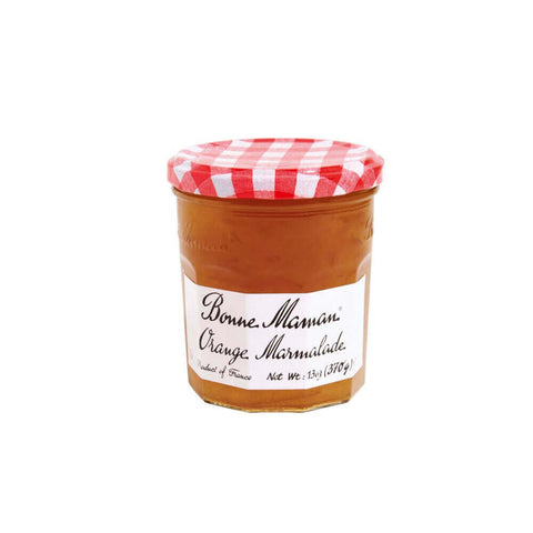 Glass jar of Orange Marmalade from the Bonne Maman brand, seen from the front.