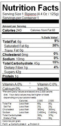 Image of the Nutrition Facts for the Ripieno Coconut Sorbetto in Fruit Shell.
