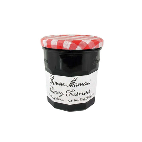 Glass jar of Cherry 13oz from the Bonne Maman brand, front view.