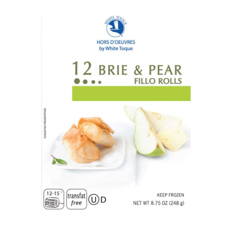 Assortment of 12 Brie & Pear Fillo Rolls stored in their cardboard packaging from White Toque brand, front view. 