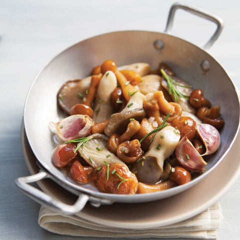 Mushroom Mix being cooked in a pan, front view. 