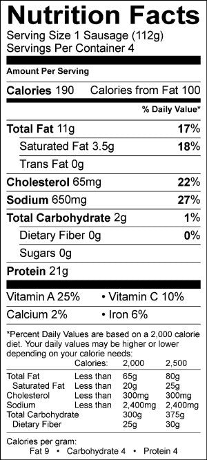Image of the Nutrition Facts for the Chorizo Spanish Style Sausage.