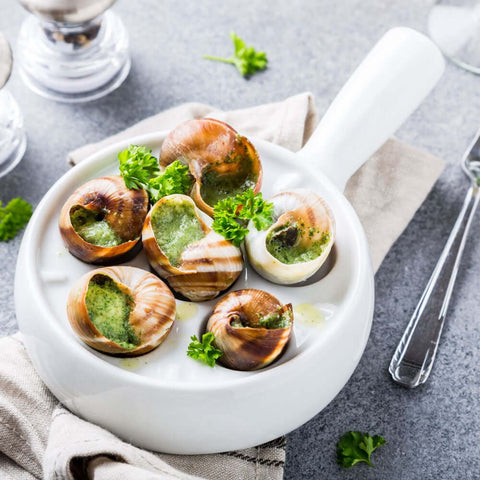 Assortments of 6 Escargots in Parsley-Garlic Butter arranged in a plate made for, with some leaves of coriander, seen from above. 