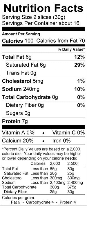 Image of the Nutrition Facts for the Raclette Cheese Slices.