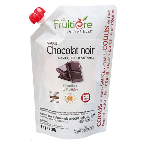 Dark Chocolate Sauce in its packaging, from La Fruitière du Val Evel, front view. 
