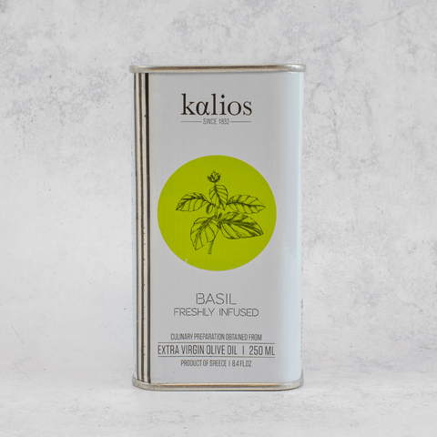 Freshly Infused Basil Olive Oil from Kalios, in its metal can, front view. 