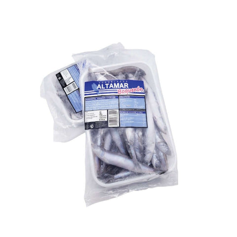 Mediterranean Whole Anchovies (Boquerones) wrapped in plastic, front view.