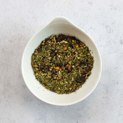 Chimichurri Pampeano arranged in a small pot, seen from above.