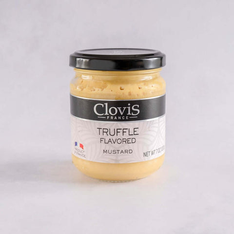 Truffle Flavored Mustard from Clovis France, in a glass jar, front view. 