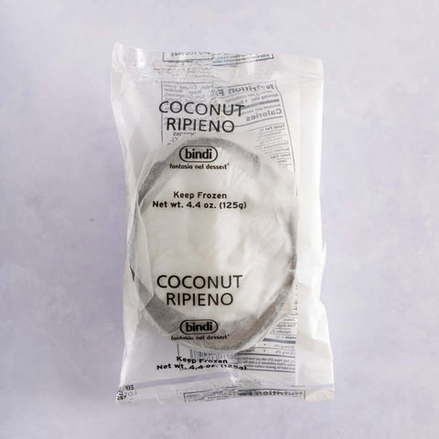 Ripieno Coconut Sorbetto in Fruit Shell in its plastic packaging, front view.
