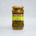 Glass jar of pickles from Clovis brand, front view.