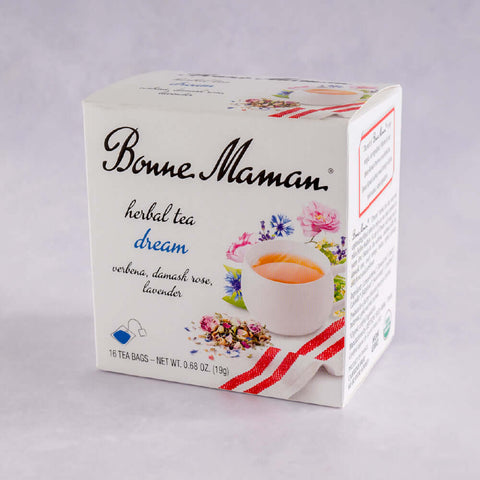 A box of Dream Herbal Tea Bags (Verbena, damask rose, lavender) from the brand Bonne Maman, front view.