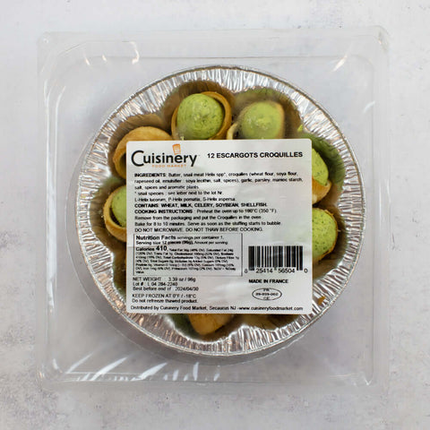 12 Escargot Croquilles in an aluminum dish, packed in a plastic box, seen from above.