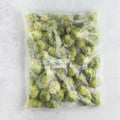 Brussels Sprouts assortment in its plastic bag, front view. 