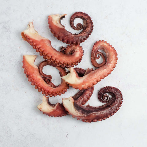 6 Cooked Small Octopus Tentacles arranged on marble, seen from above.