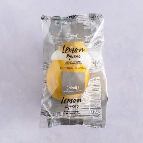 Ripieno Lemon Sorbetto in Fruit Shell in its plastic packaging, front view.