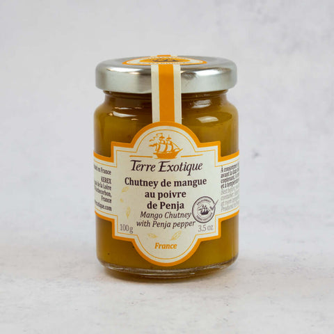 Glass jar of 3.5Oz of mango chutney with Penja pepper from Terre Exotic brand, seen from the front.